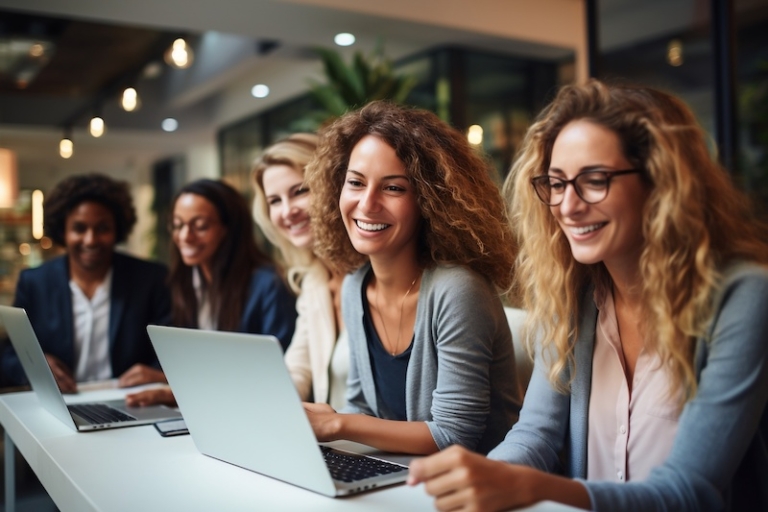 Workers Working Together in Office Using Laptop, Generative Ai