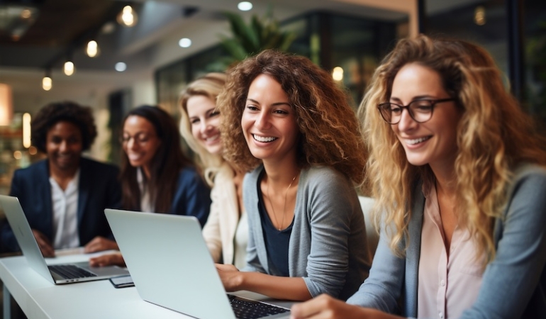 Workers Working Together in Office Using Laptop, Generative Ai